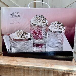 Bellini Studio Silversmiths 3-piece Crystal Boudoir Set On Mirrored Tray NIB